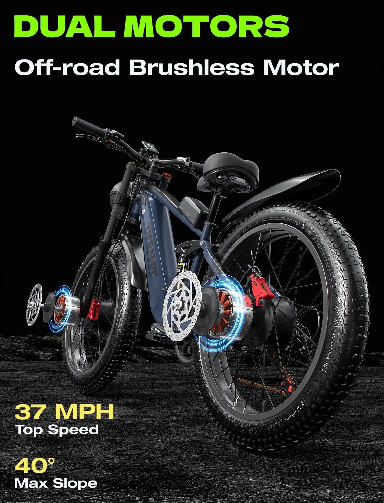 Adult Electric Bike, Dual Motor, 52V 22Ah Battery UL 2849 Certified, 26 Inch Tire Off-Road Electric Mountain Bike, Full Suspension, 7 Speeds, Unisex Electric Bike