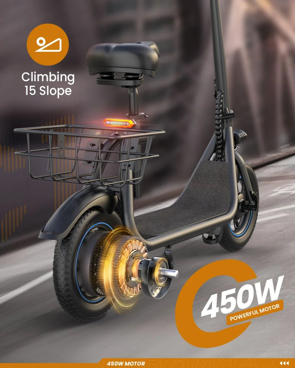 450W Electric Scooter with Seat for Adult, 12 Inch Commuter Electric Scooter with Basket and Adjustable Seat- up to 21 Miles 15.5MPH