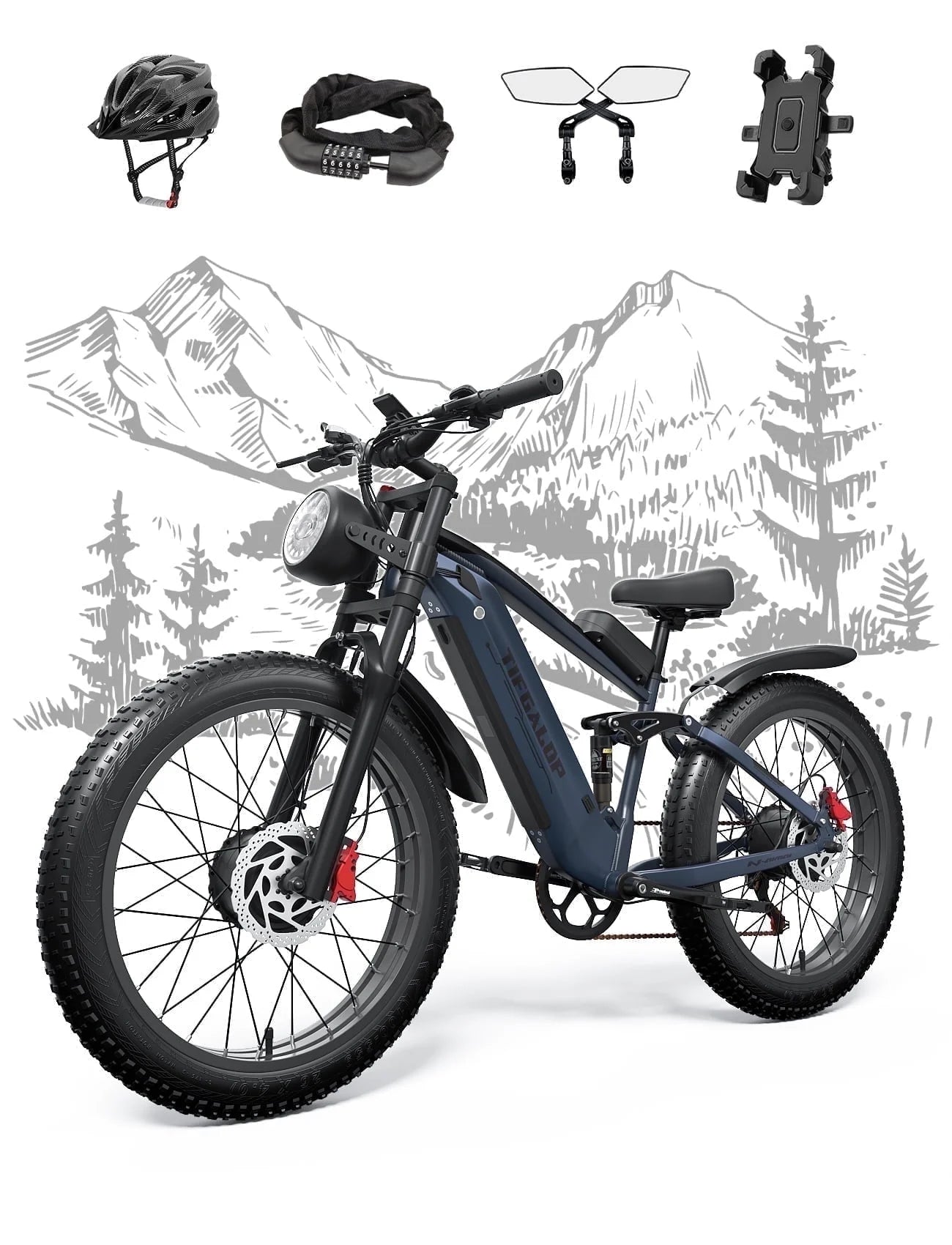 Adult Electric Bike, Dual Motor, 52V 22Ah Battery UL 2849 Certified, 26 Inch Tire Off-Road Electric Mountain Bike, Full Suspension, 7 Speeds, Unisex Electric Bike