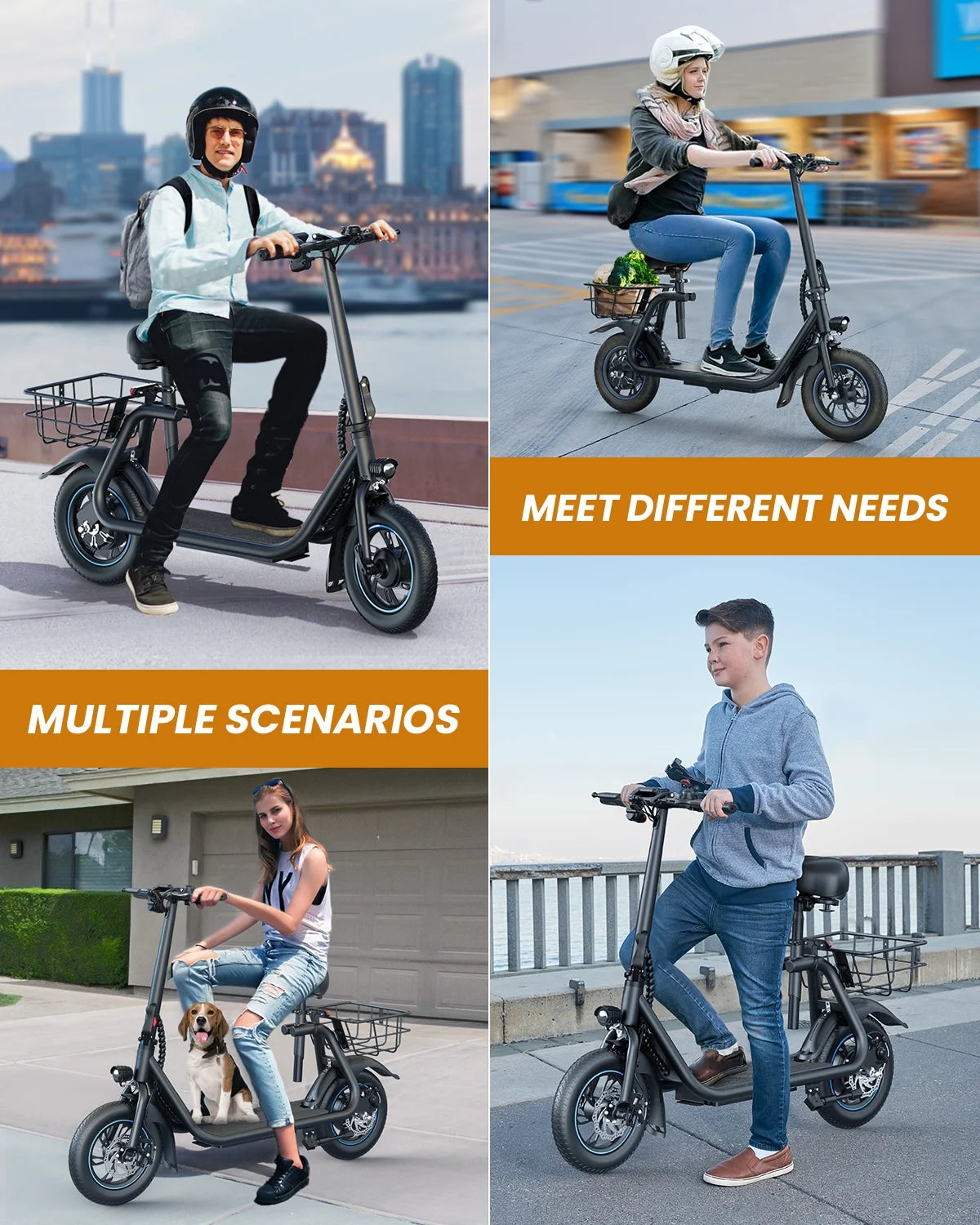 450W Electric Scooter with Seat for Adult, 12 Inch Commuter Electric Scooter with Basket and Adjustable Seat- up to 21 Miles 15.5MPH