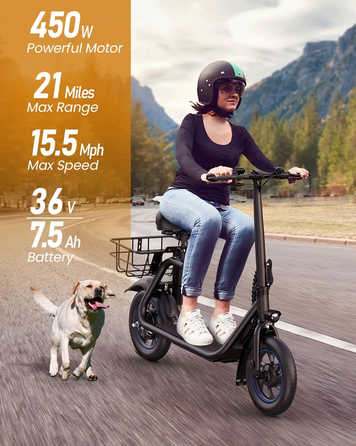 450W Electric Scooter with Seat for Adult, 12 Inch Commuter Electric Scooter with Basket and Adjustable Seat- up to 21 Miles 15.5MPH