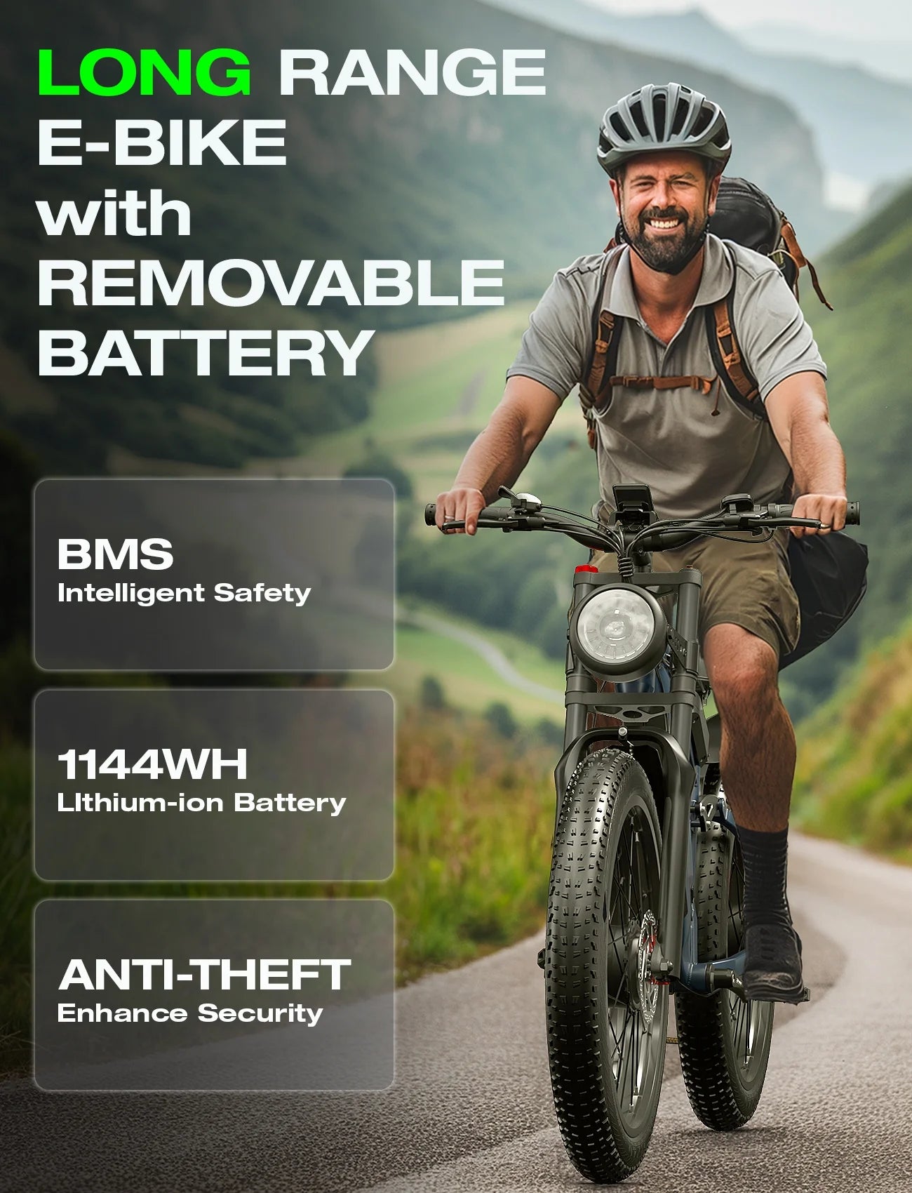 Adult Electric Bike, Dual Motor, 52V 22Ah Battery UL 2849 Certified, 26 Inch Tire Off-Road Electric Mountain Bike, Full Suspension, 7 Speeds, Unisex Electric Bike