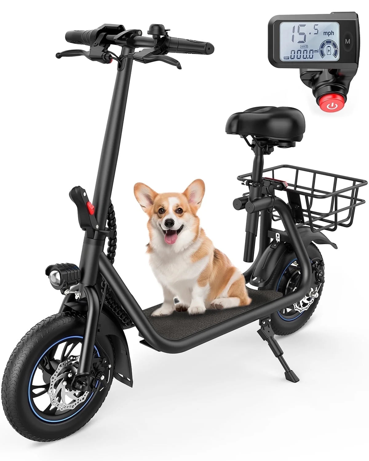 450W Electric Scooter with Seat for Adult, 12 Inch Commuter Electric Scooter with Basket and Adjustable Seat- up to 21 Miles 15.5MPH