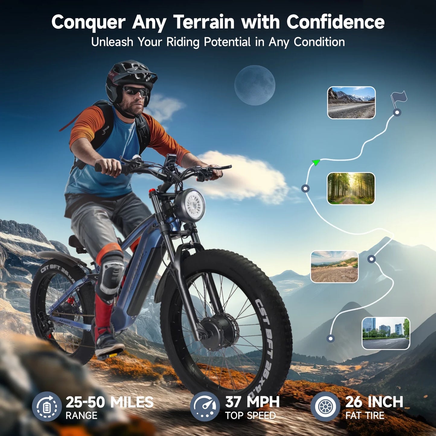 Adult Electric Bike, Dual Motor, 52V 22Ah Battery UL 2849 Certified, 26 Inch Tire Off-Road Electric Mountain Bike, Full Suspension, 7 Speeds, Unisex Electric Bike