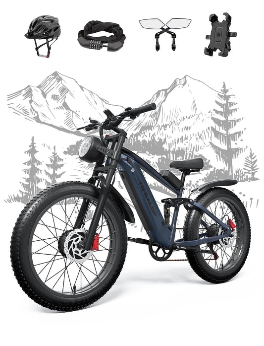 Adult Electric Bike, Dual Motor, 52V 22Ah Battery UL 2849 Certified, 26 Inch Tire Off-Road Electric Mountain Bike, Full Suspension, 7 Speeds, Unisex Electric Bike